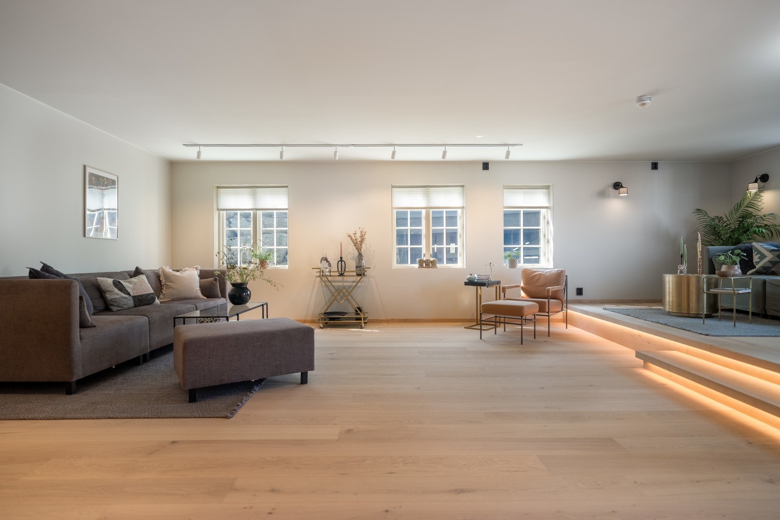 Stuen er naturlig inndelt i flere soner på ulike nivåer, som gir mange muligheter for ønsket møblering. Galleribilde