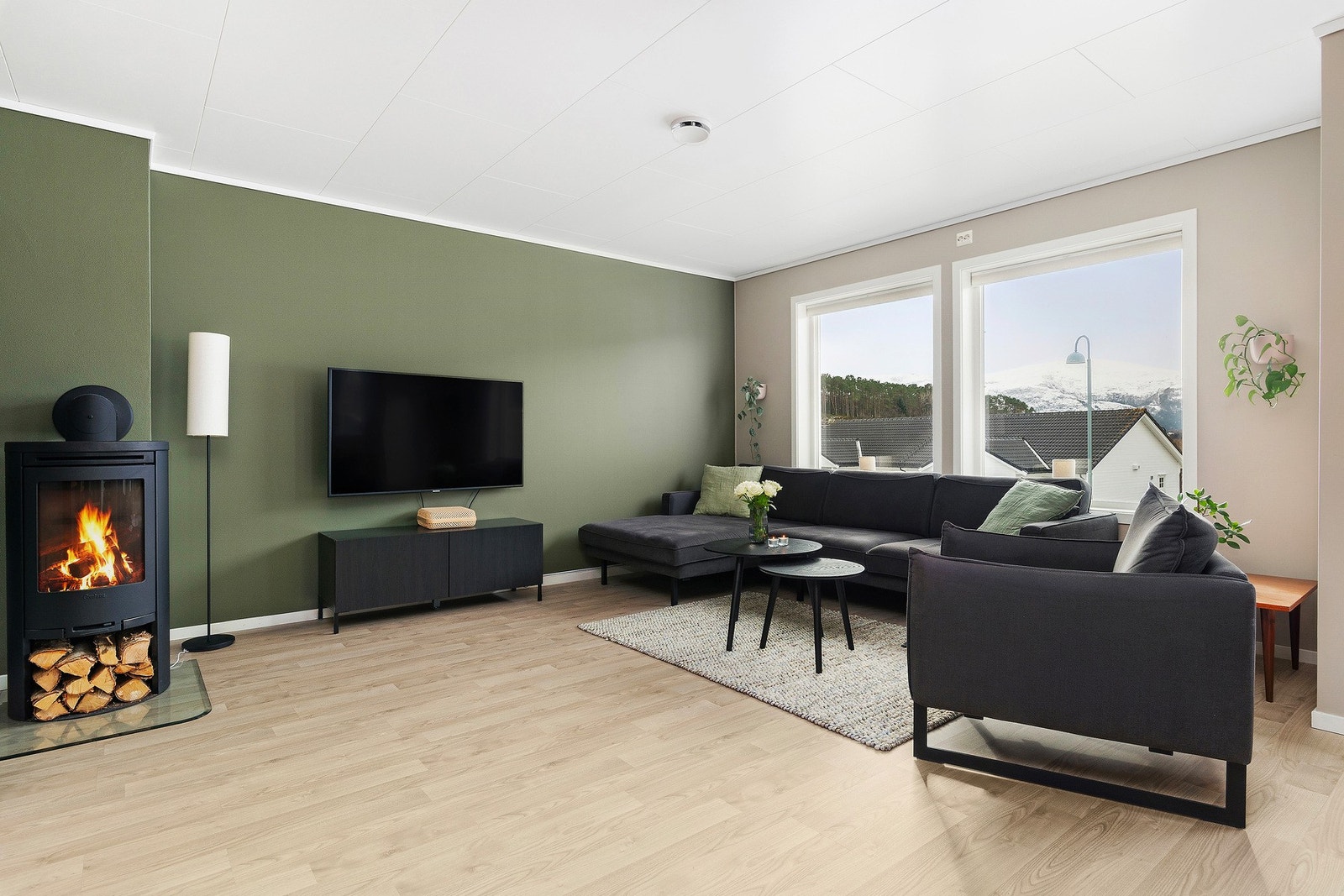 Luftig og pen stue, legg merke til de flotte gulvene og den tidsriktige fargetonen på overflatene. Ekstra bonus med varm og lun vedovn. Galleribilde