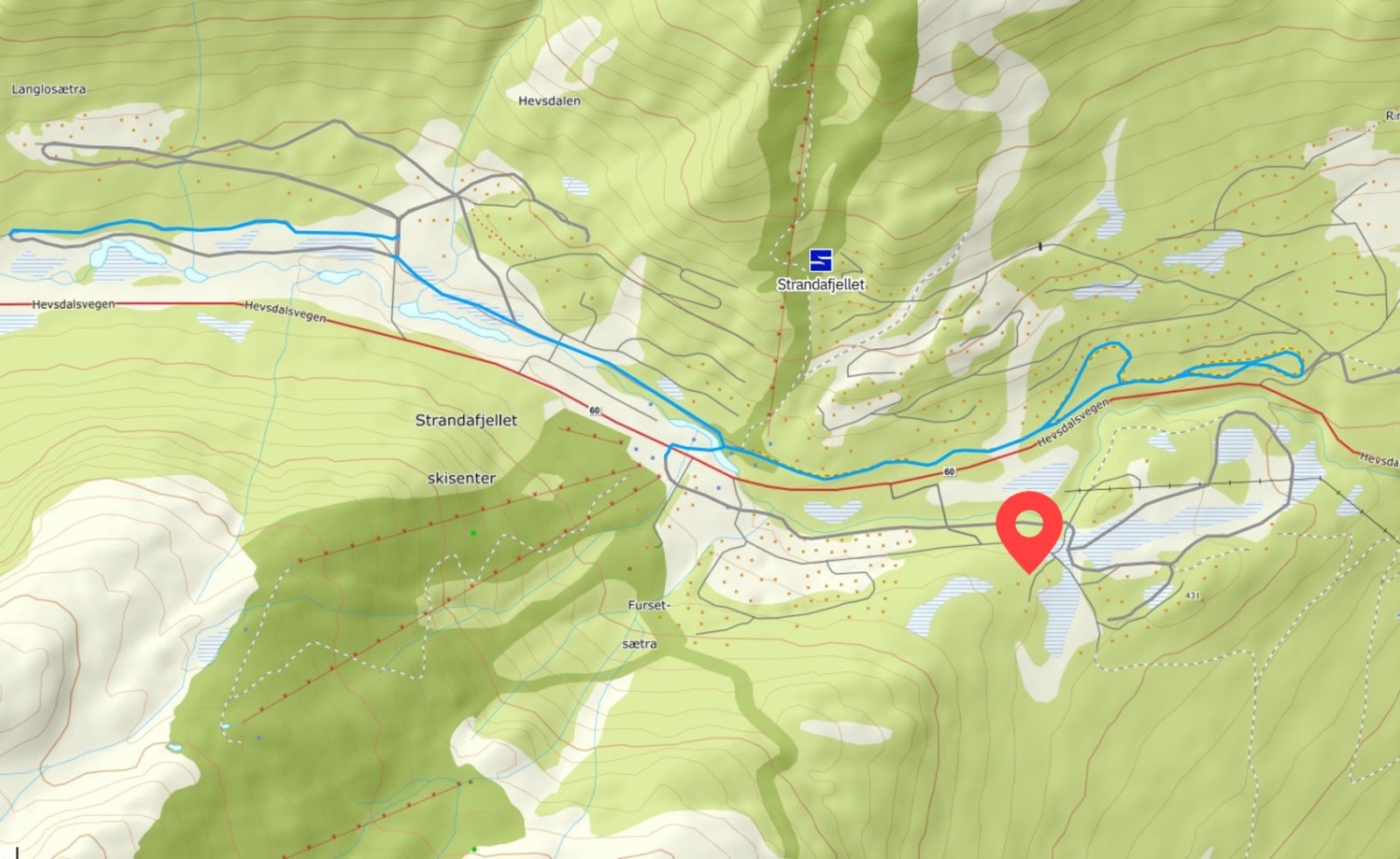 Ski inn/ut langrenn. Kart fra skisporet.no som viser langrennsløypene i området rundt hyttefeltet (grå og blå streker) Galleribilde