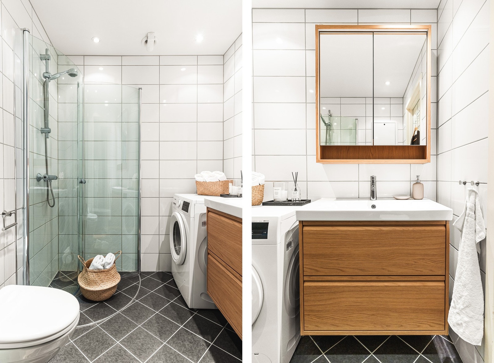 Badet er innredet med vegghengt toalett, dusj med glassvegger, baderomsinnredning og opplegg for vaskemaskin. Galleribilde