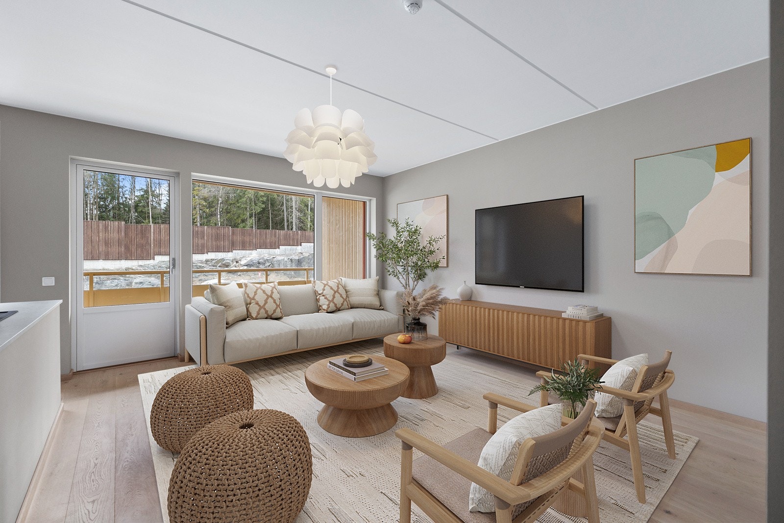 Leiligheten har en lys og innbydende planløsning, med høy standard. Bildet er digitalt stylet. Galleribilde