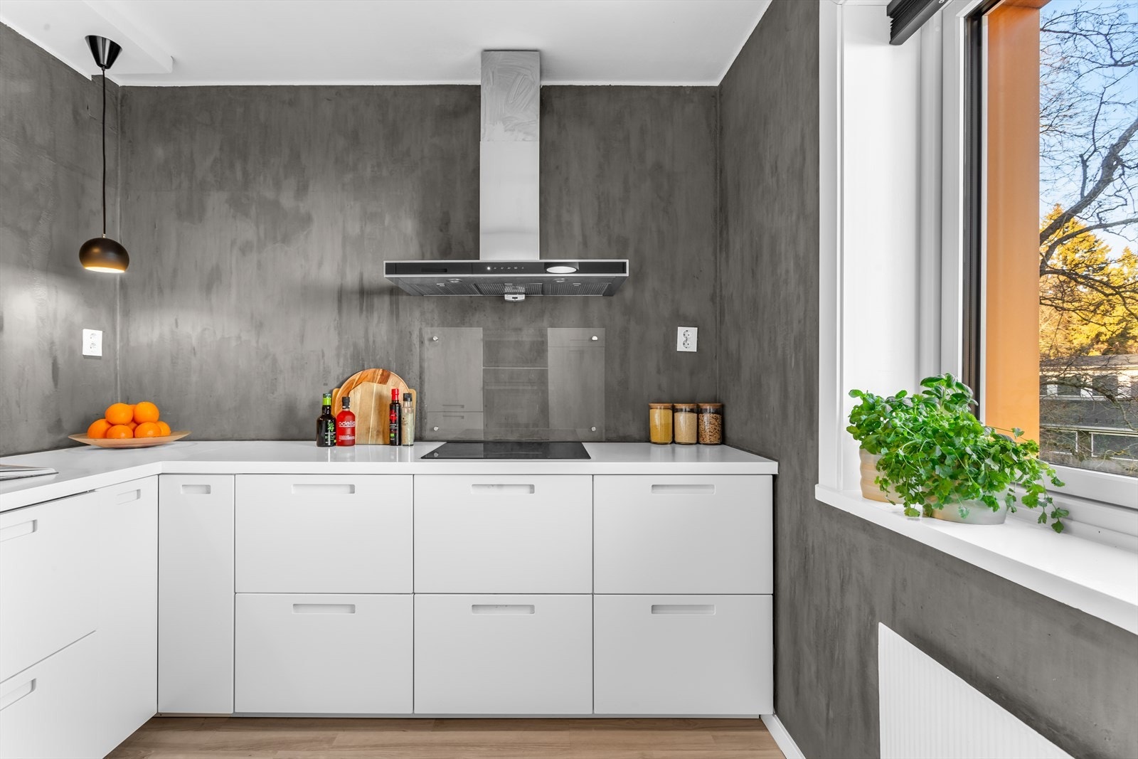 Det er medfølgende induksjonskoketopp og kullfilterventilator. Glassplate mellom benk og ventilator. Galleribilde