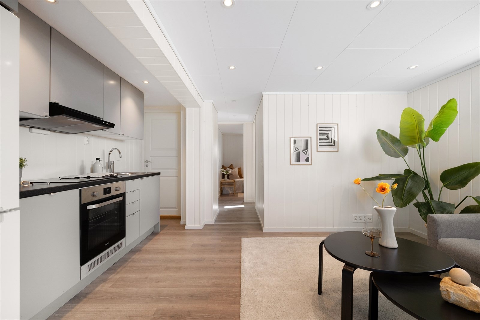 Vi entrer utleiedelen i underetasjen. Den klassiske stilen kommer også til trykk her, og det er i tillegg benyttet spotter i taket. Galleribilde