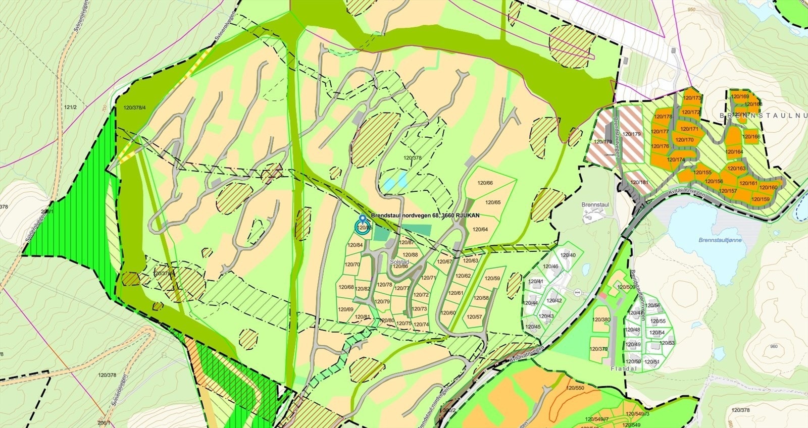Brendstaul Nordvegen 68 markert i forslag til ny regulering av områdene rundt hytta som i skrivende stund ikke er godkjent - tilgjengelig via tinn.kommunegis.no Galleribilde