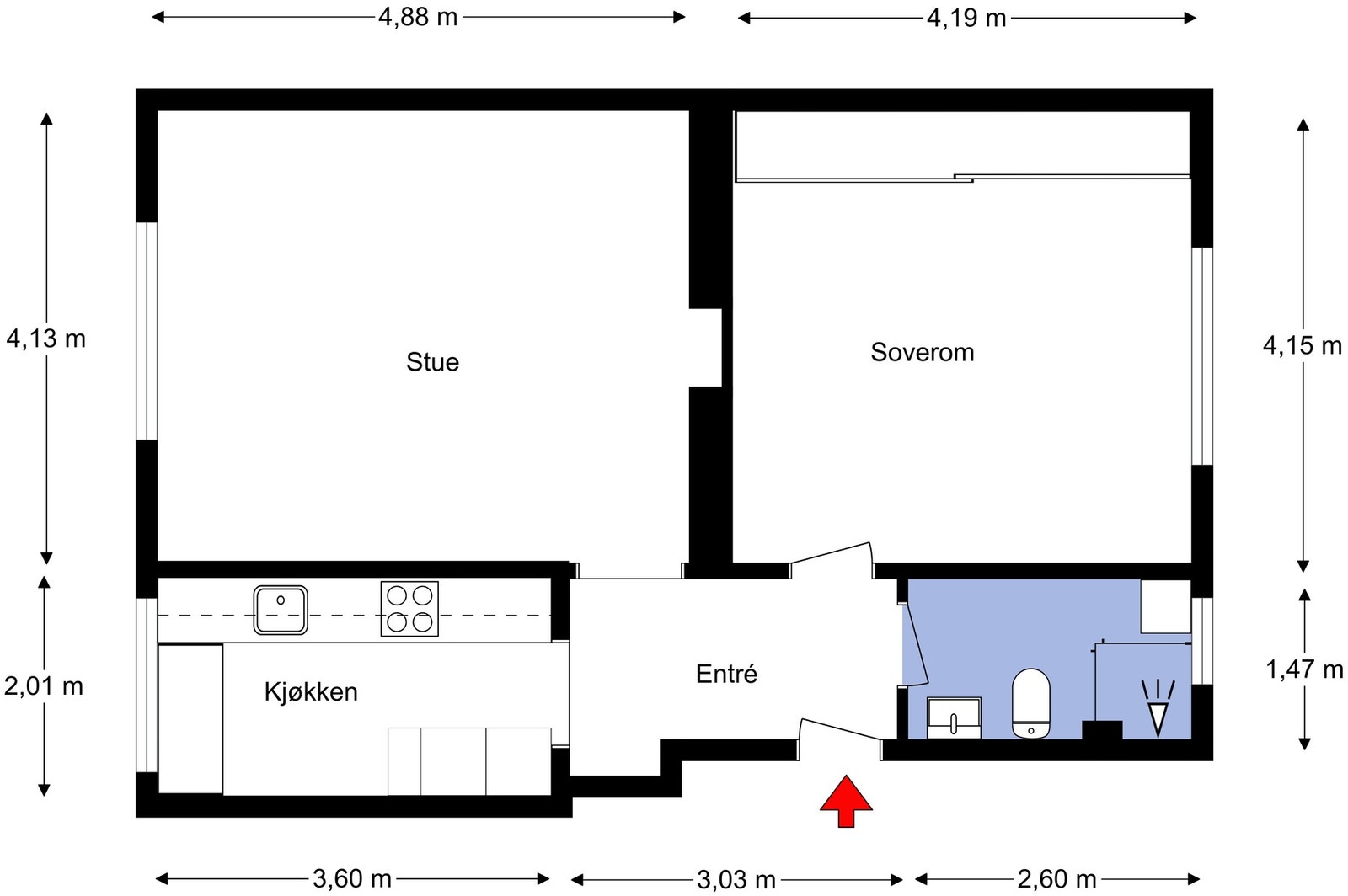 Her kan du se litt nærmere på boligens planskisse, slik at du får orientert deg litt. I tillegg disponerer boligen en stor kjellerbod: Hele 14 kvm! Galleribilde