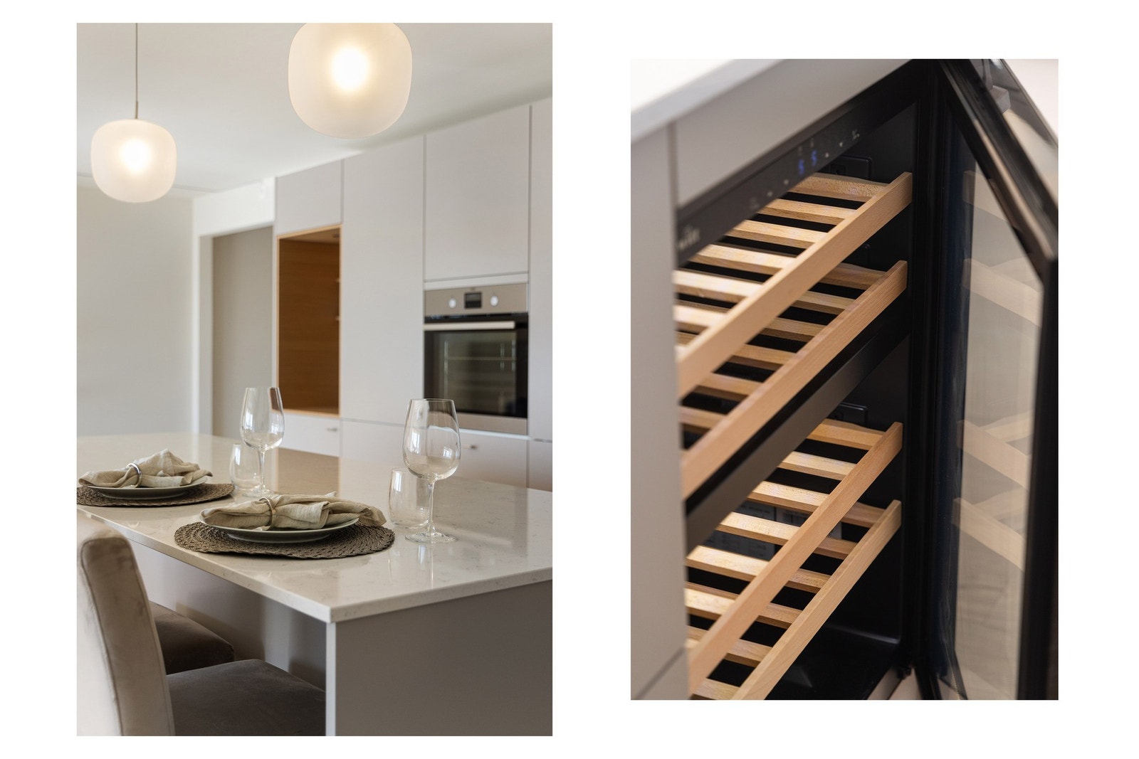 Hvitevarene består av komfyr, induksjonstopp med integrert kullfilter, oppvaskmaskin, kjøleskap og et vinskap med to temperatursoner. Galleribilde