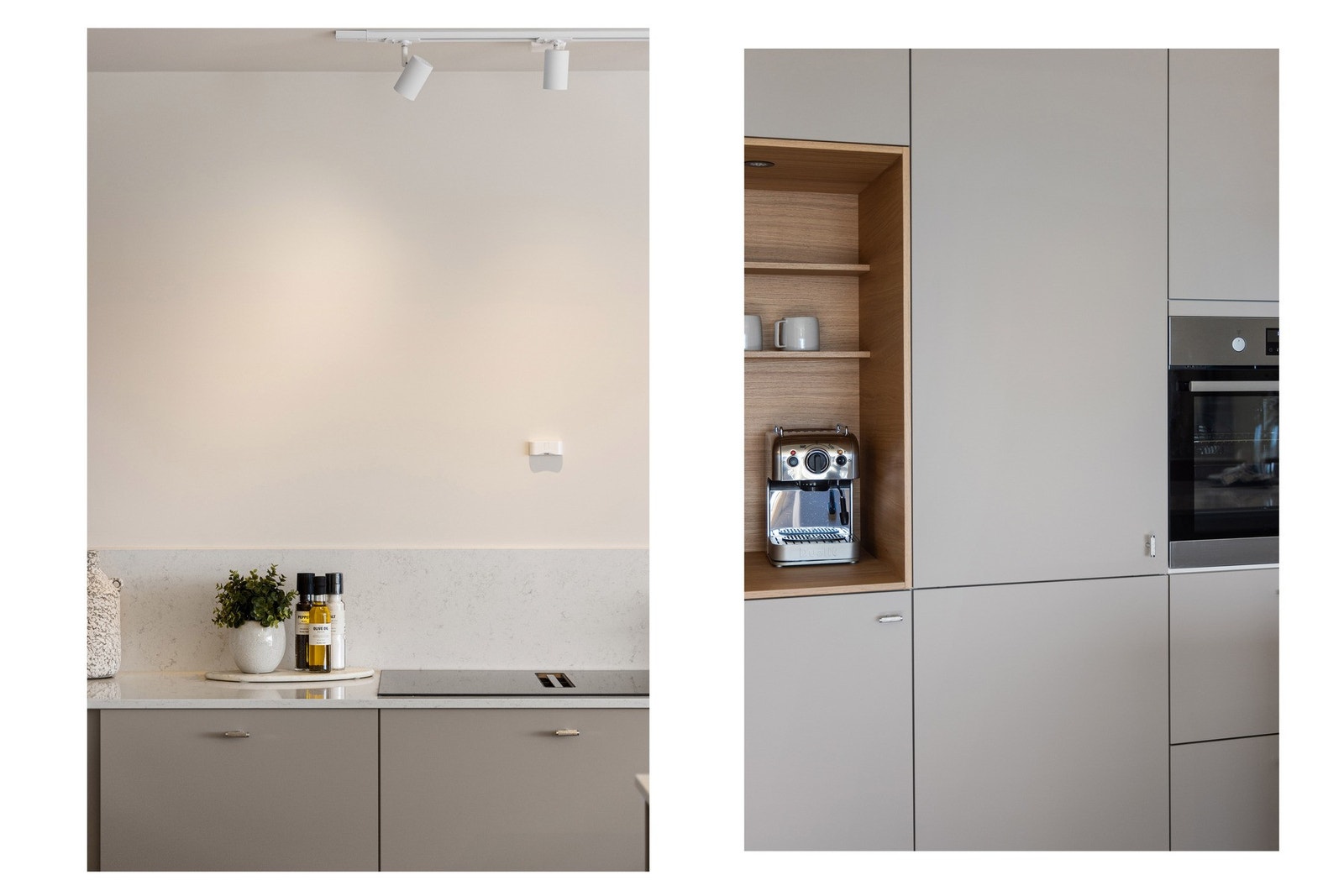 Benkeplaten og backsplash i komposittstein tilfører en elegant finish. Galleribilde