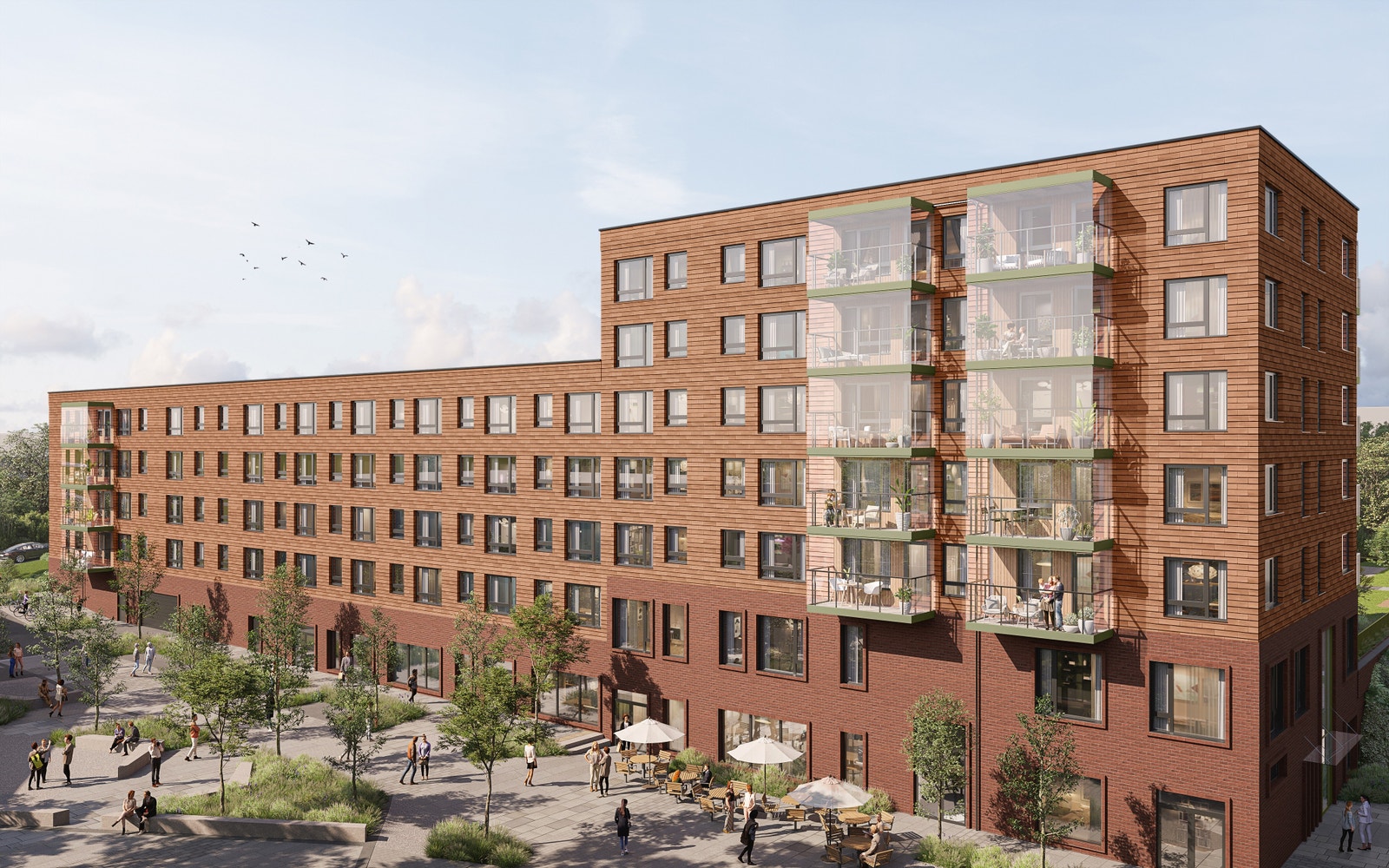 Fasade på østsiden med kommende innbyggertorg med et godt utvalg av fasiliteter som restaurant, café, frisør, apotek mm. Galleribilde