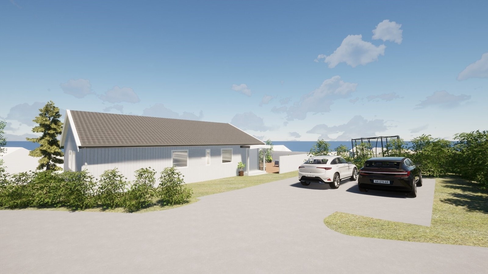 Illustrasjon på flott opparbeidet tomt, med skjermet terrasse, hage og gode parkeringsmuligheter Galleribilde