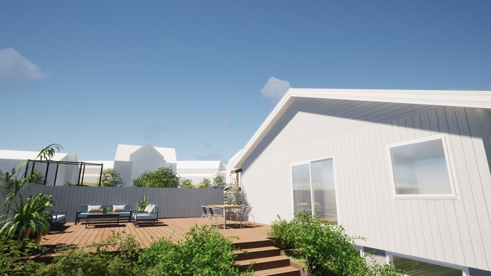 Illustrasjon på flott uteplass, opparbeidet med terrasse, gjerde og beplanting, samt ny skyvedør ut fra spisestuen Galleribilde