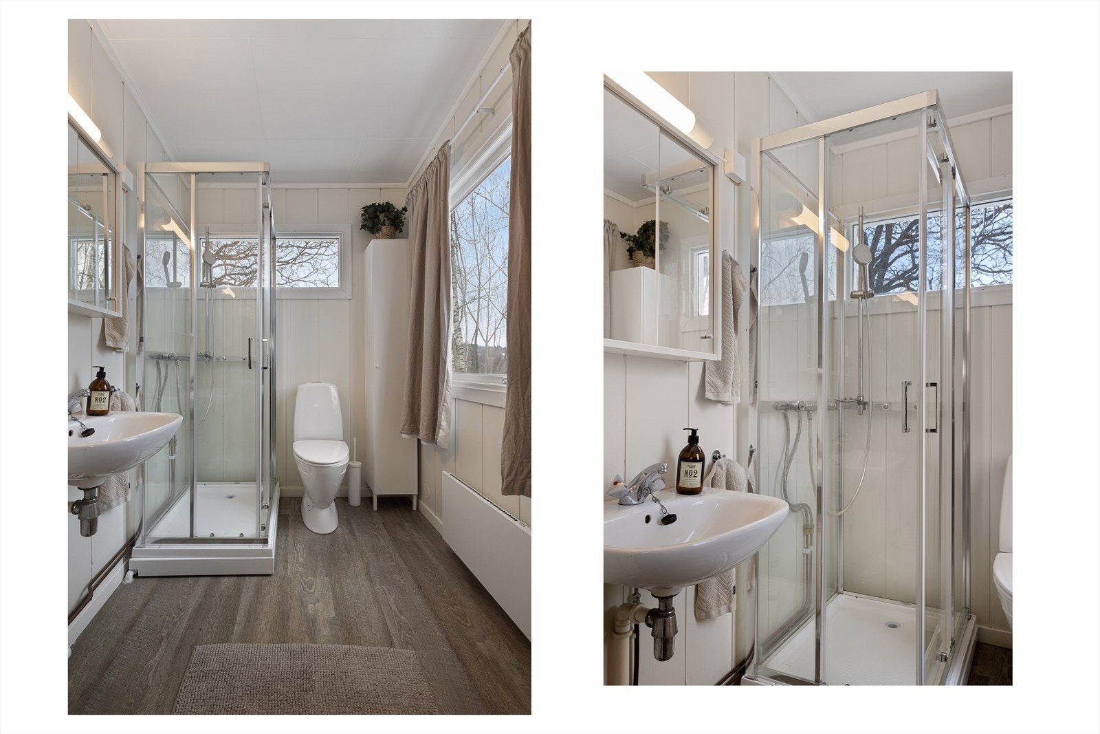 Badet ble innredet med dusjkabinett i 2023. Lyse malte flater, fine laminatgulv Galleribilde