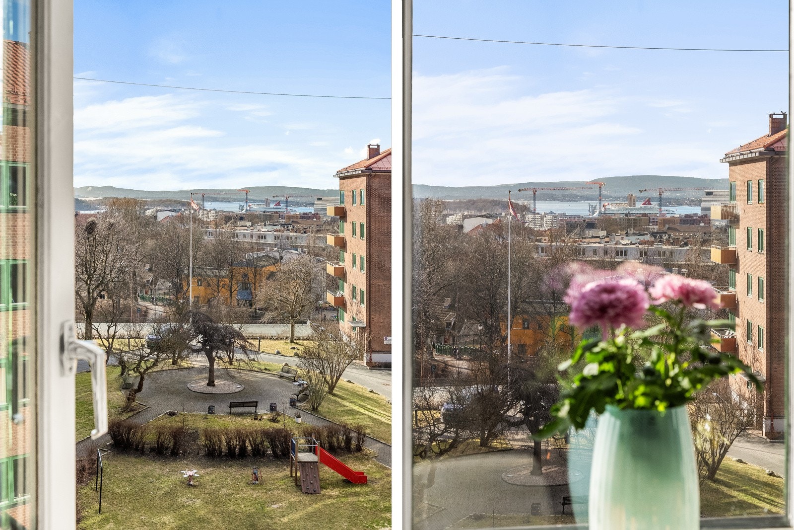 Leilighetens interne beliggenhet i toppetasjen er også en av de beste i gården, noe som gir vidstrakt utsikt fra alle vinduene i leiligheten. Galleribilde