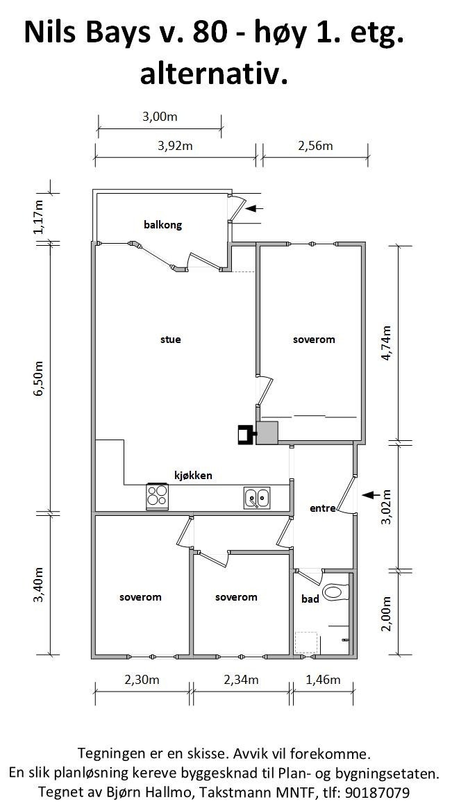 Nils Bays v. 80 - Alternativ plantegning med tre soverom. Galleribilde