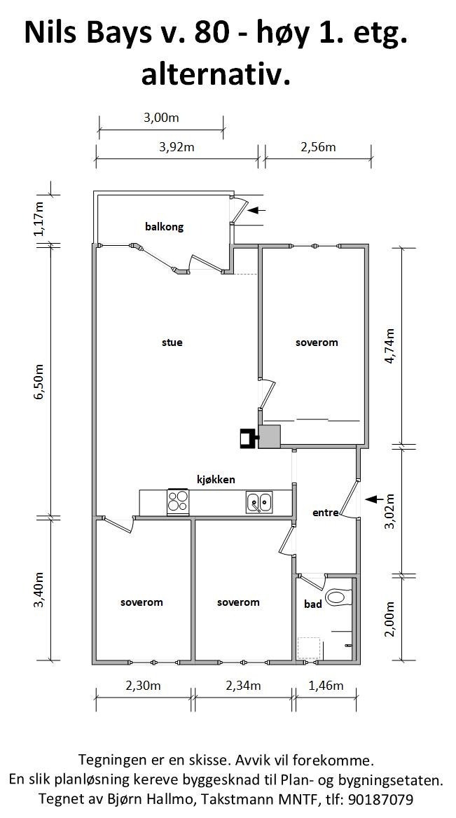 Nils Bays v. 80 - Alternativ plantegning med tre soverom. Galleribilde