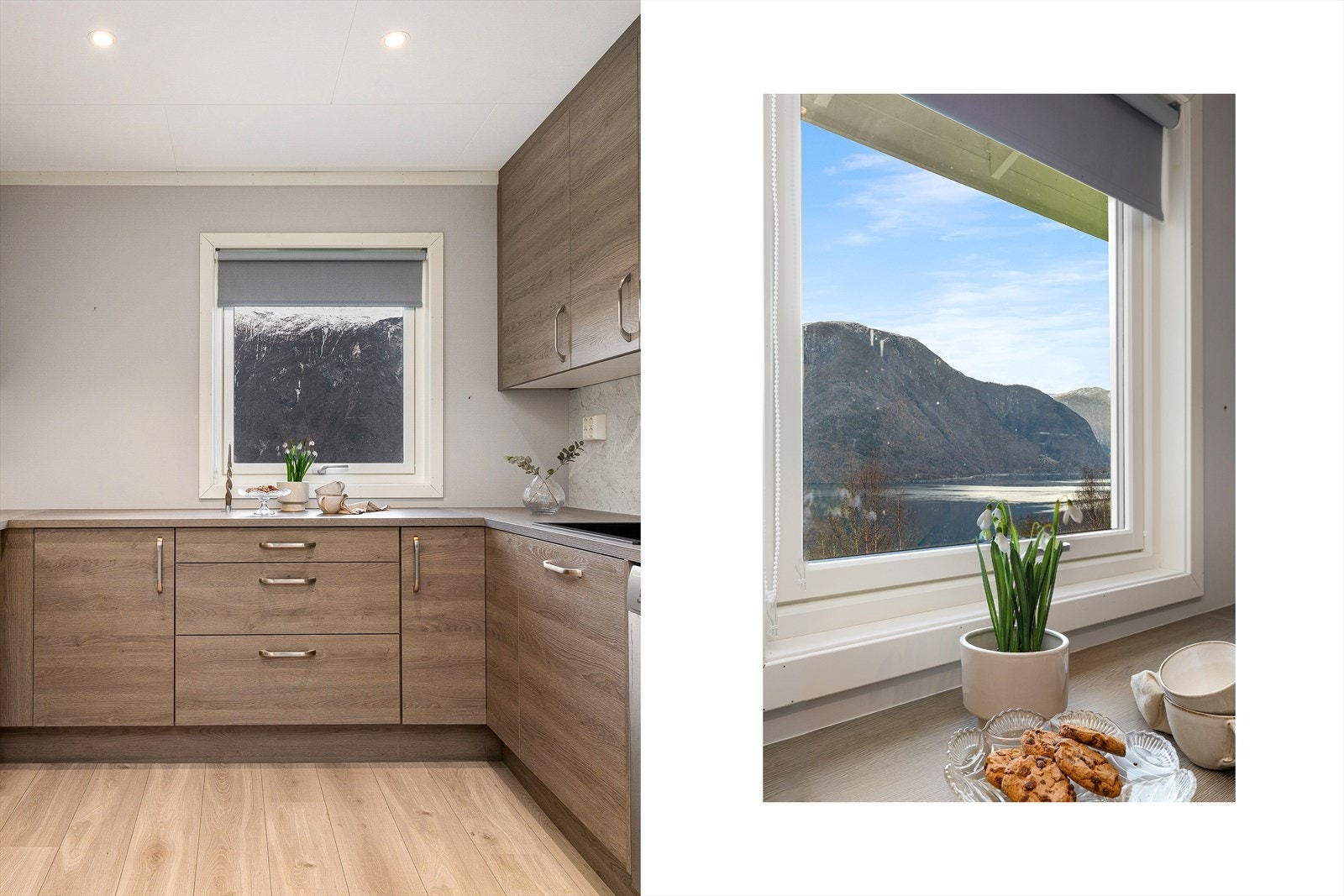 Kvitevarer som oppvaskmaskin, ventilator, induksjonstopp, steikeovn, micro, kjøleskap og frys medfølger salet. Kjøkkenet framstår svært moderne, og har også plass til barkrakkar der måltid kan nyttast. Galleribilde