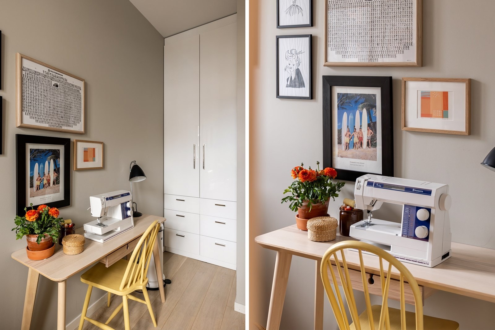 Gjesterommet har plassbygget garderobeskap, og plass til kontorpult for hjemmekontor. Galleribilde