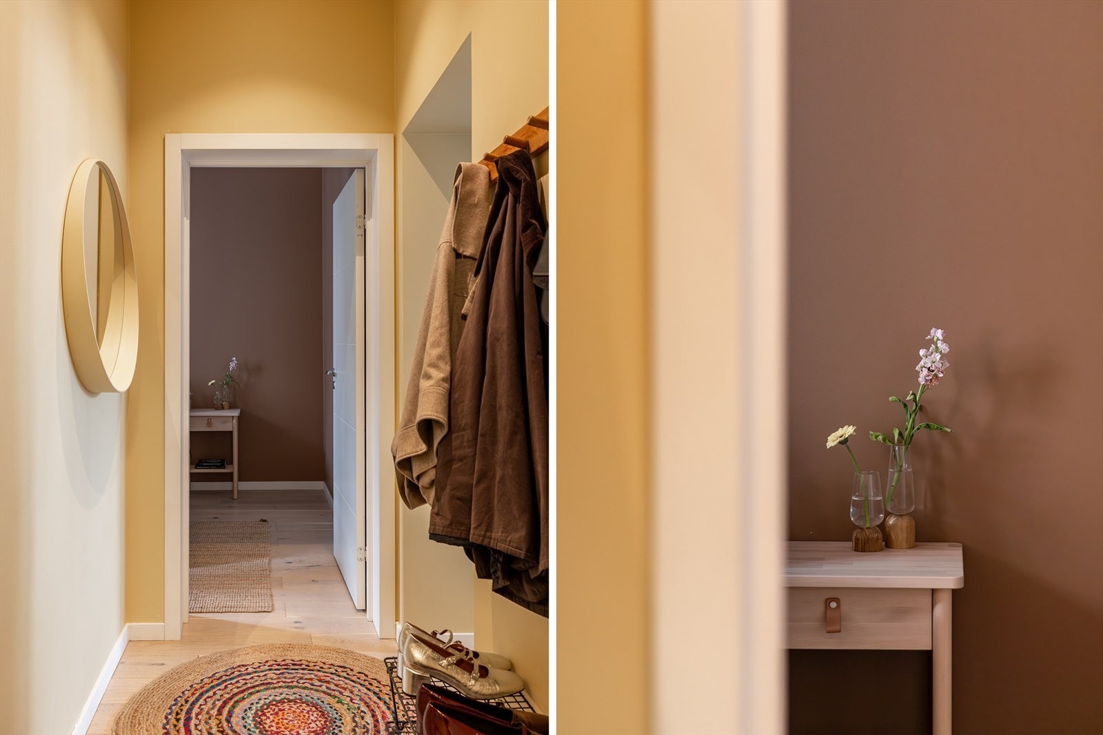 Entréen er innbydende med plass til oppheng av jakker og sko. Galleribilde