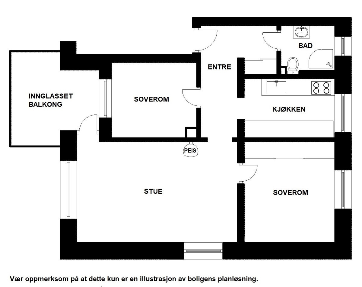 Planskisse. Leiligheten disponerer i tillegg loftsbod og 2 kjellerboder. Galleribilde