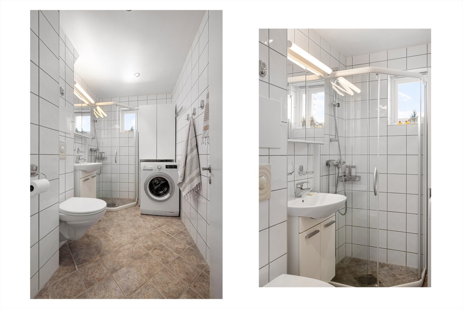 Tidløst og funksjonelt bad fra 2004 med flislagte overflater og vannbåren gulvvarme. Badet inneholder dusjhjørne med skyvedører i glass, vegghengt toalett og baderomsinnredning med servantskap, servant med ett-greps blandebatteri og speilskap på vegg. Galleribilde