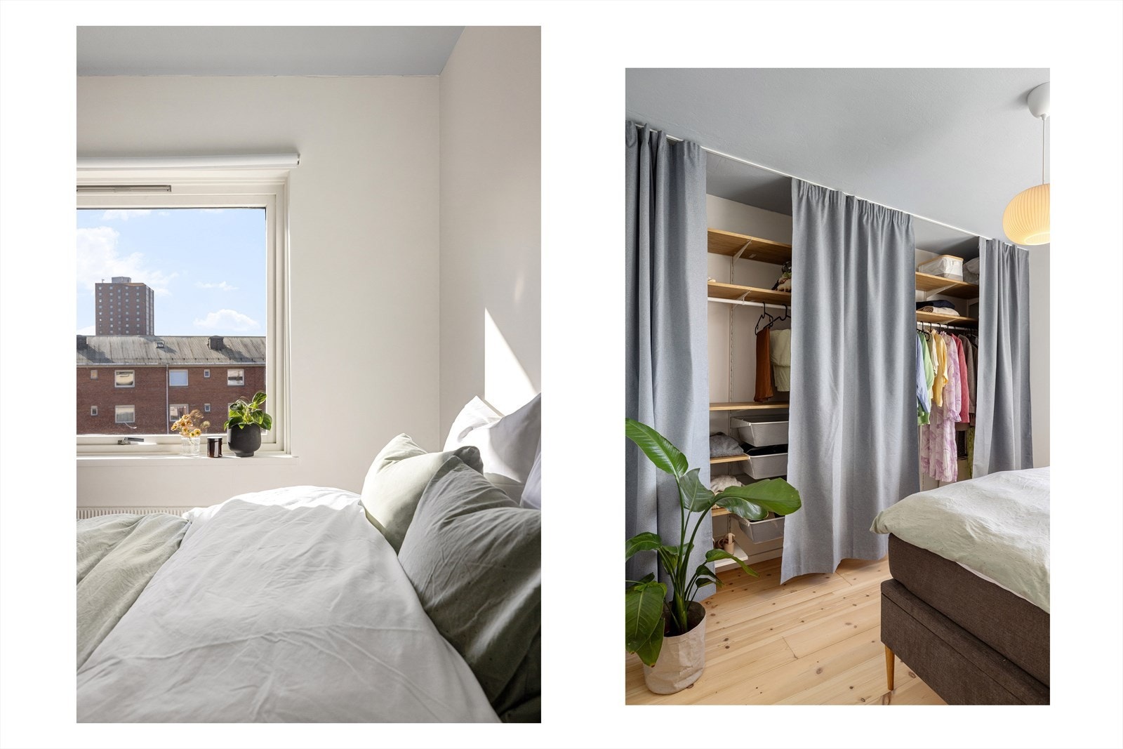 På hovedsoverommet er det god plass til dobbeltseng, nattbord og åpen garderobeløsning langs den ene veggen. Galleribilde