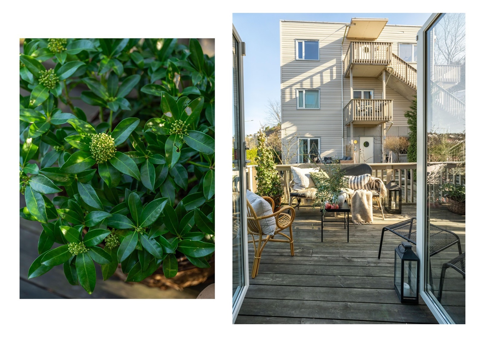 Gjennom de tofløyede balkongdørene fra stuen kommer du ut til en avgrenset, felles hage og en svært hyggelig terrasse. Galleribilde