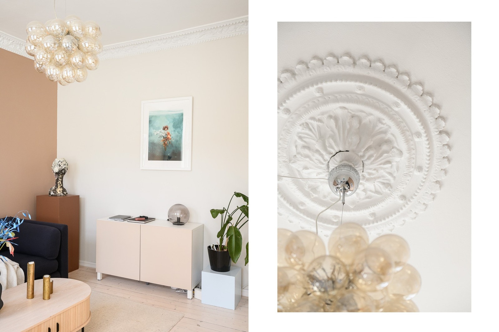 Sjarmerende detaljer med flott takrosett i stuen. Galleribilde