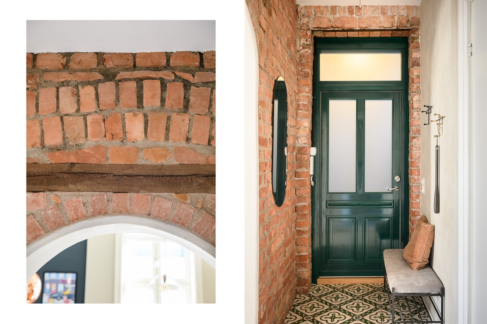 Innbydende entré med naken teglstein, historiske fliser og en smaragdgrønn ytterdør. Galleribilde