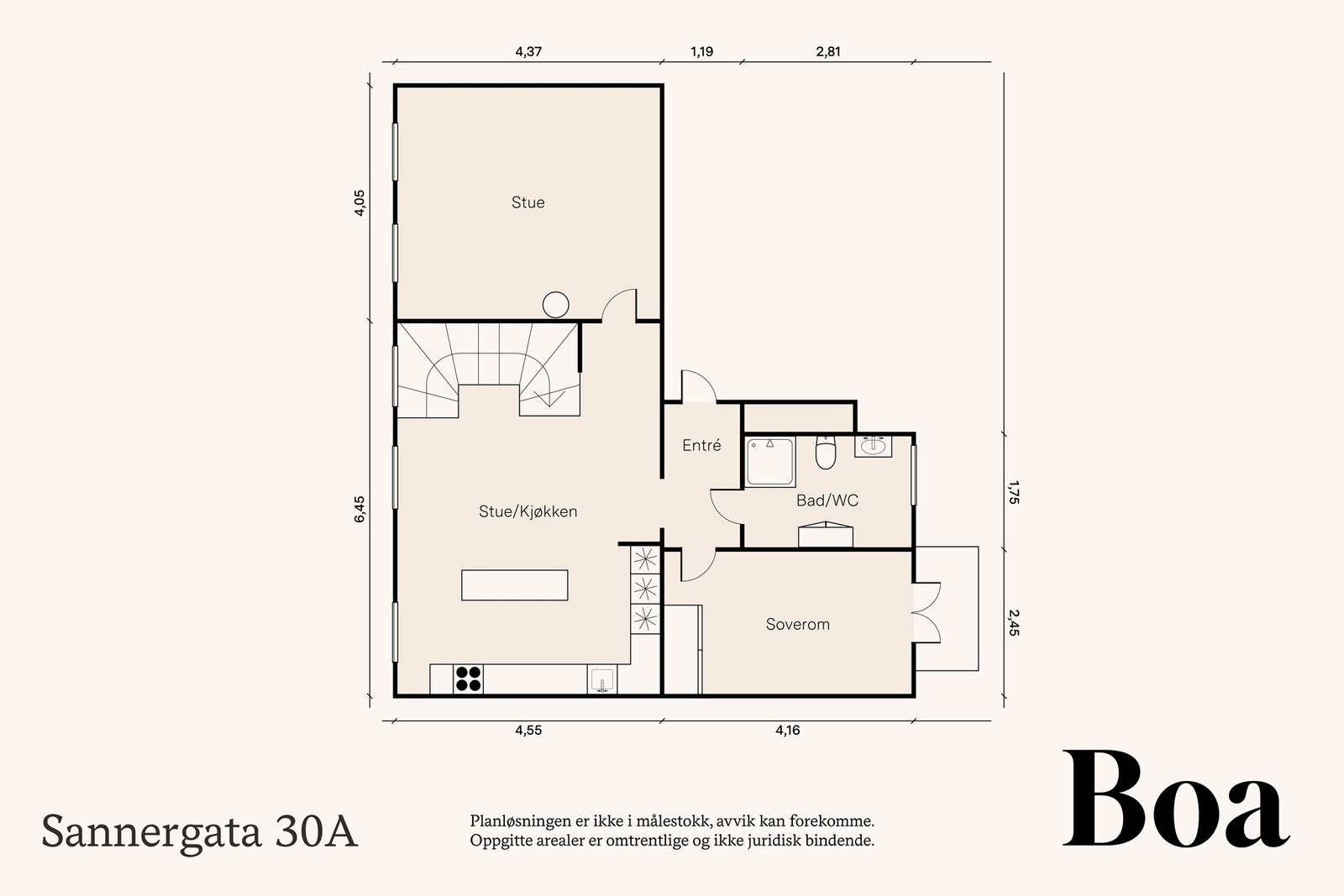 4. etasje: Entré/gang, kjøkken med spisestue, stue, soverom, dusjbad/wc Galleribilde