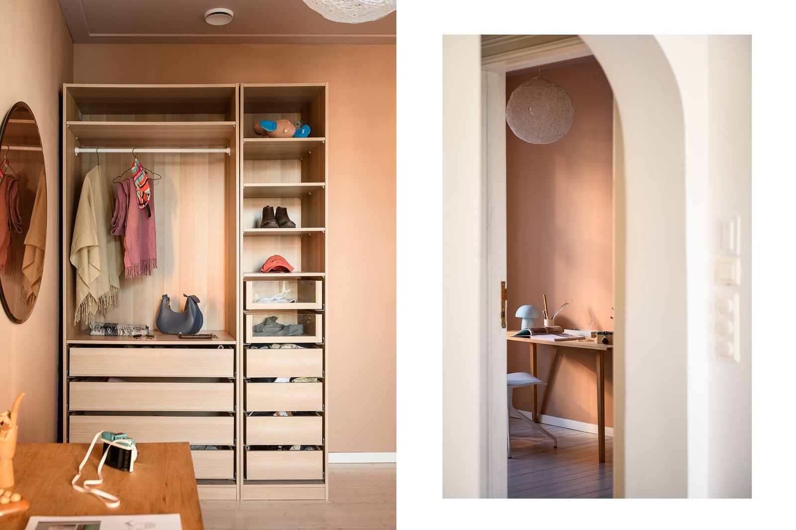 Soverommet nede og det ene rommet på loftet har åpne skap med hyller, skuffer og heng til tøy. Galleribilde