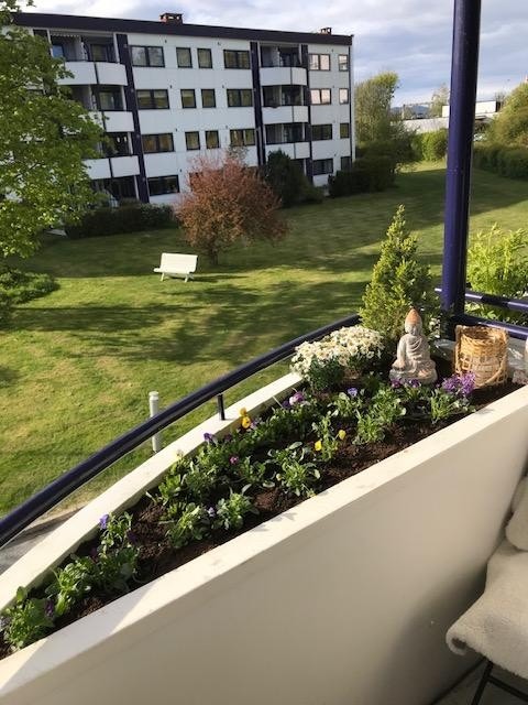 Balkongen har hyggelig utsikt til borettslaget sine fellesarealer. Galleribilde