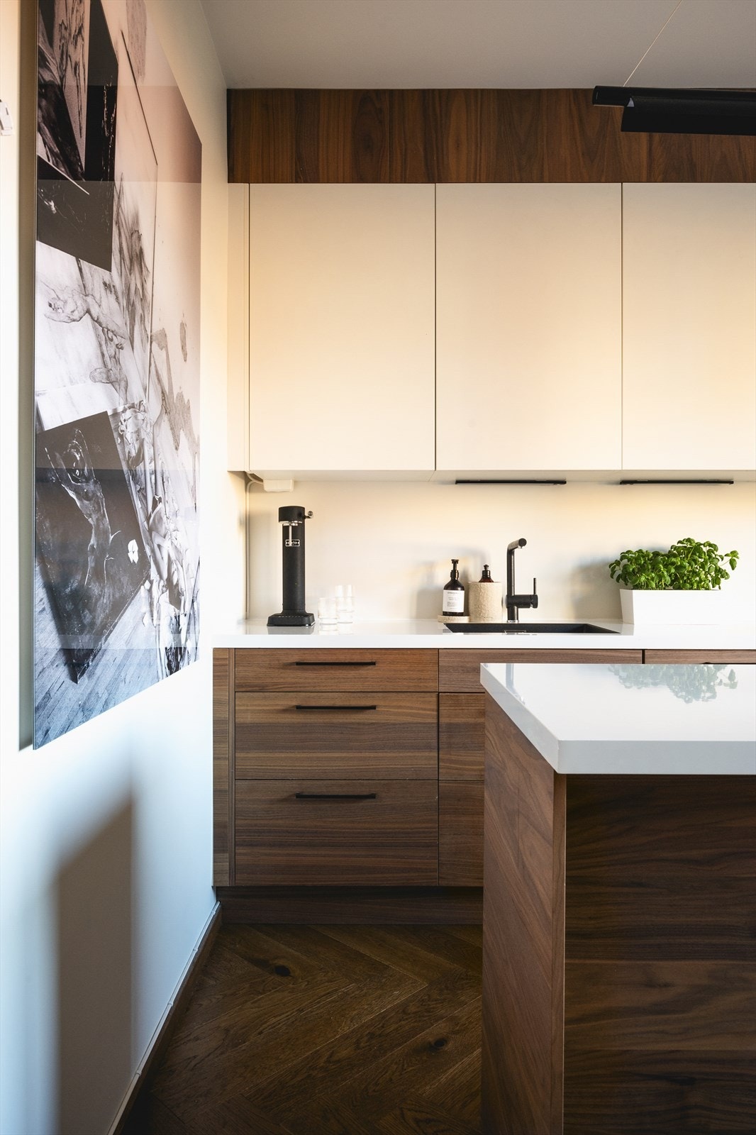 Videre er kjøkkenet utstyrt med integrerte hvitevarer bestående av kjøl/fryseskap, oppvaskmaskin, komfyr og platetopp. Det er montert komfyrvakt og waterguard. Galleribilde