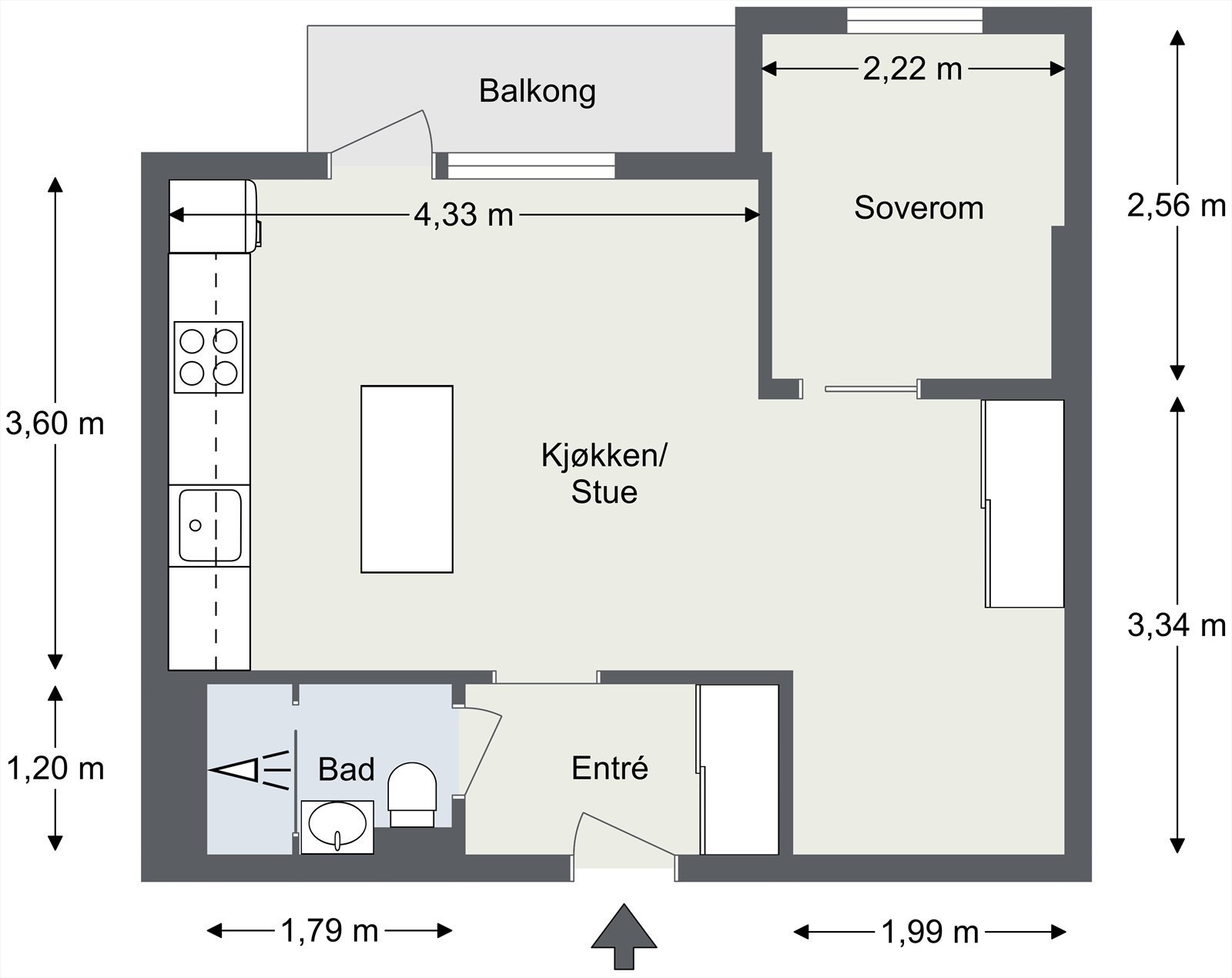 Planskisse | Leiligheten ligger høyt og fritt i 5. etasje og byr på en åpen stue-/kjøkkenløsning, soverom, bad og entré. Galleribilde