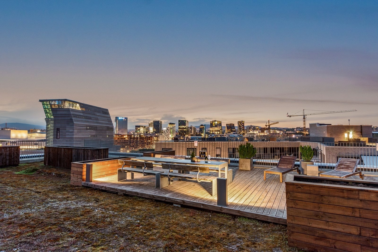 Stor takterrasse med flere ulike soner, sittebenker, solsenger og beplantning. Toalett Galleribilde