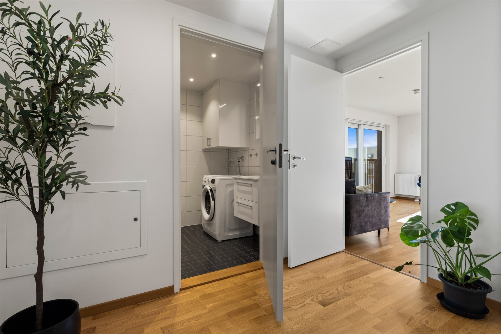 Romslig entré/gang med direkte tilgang til bad. Galleribilde