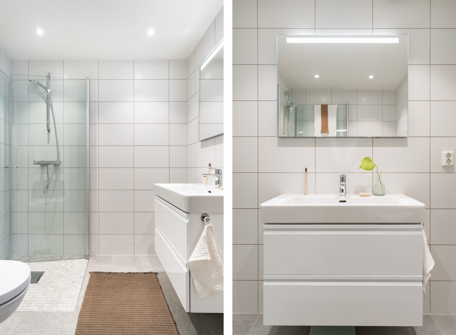 Badet er innredet med: Dusj m/glassvegger, vegghengt toalett og baderomsinnredning med speil. Galleribilde