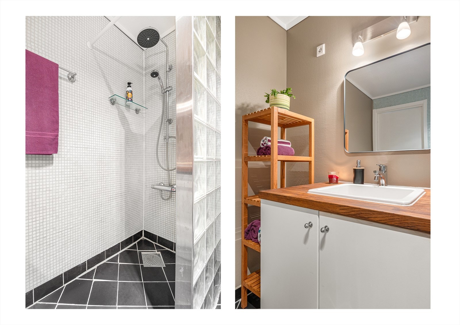 Badet er innredet med toalett, dusjnisje og servant i benkeplate. Galleribilde