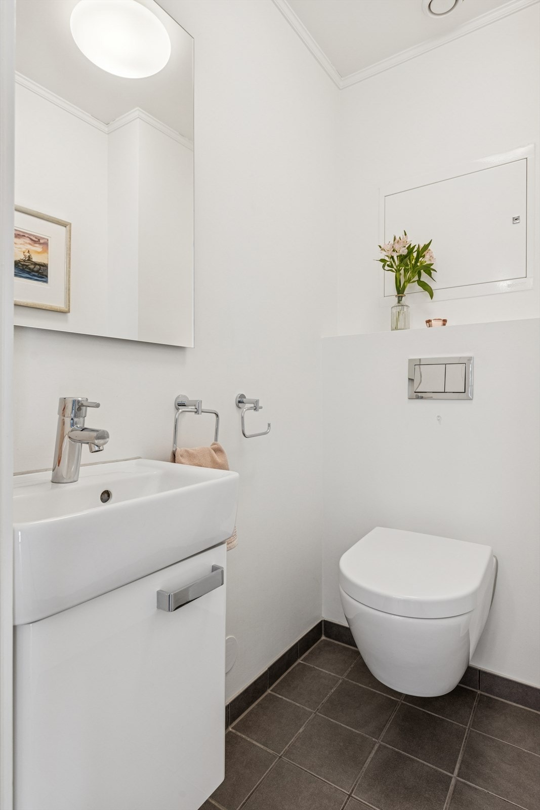 Separat toalett med veggenhengt wc, speil og servant med skapinnredning Galleribilde