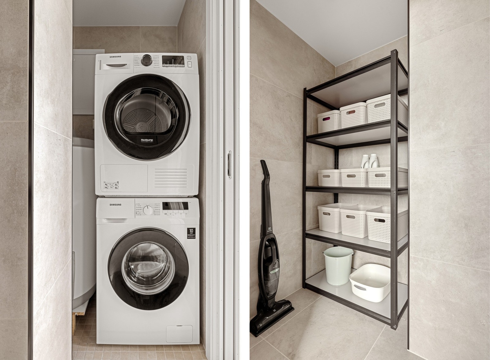 Her er det helfliset med flotte fliser og opplegg for vaskemaskin og tørketrommel samt varmekabler i gulv. Galleribilde