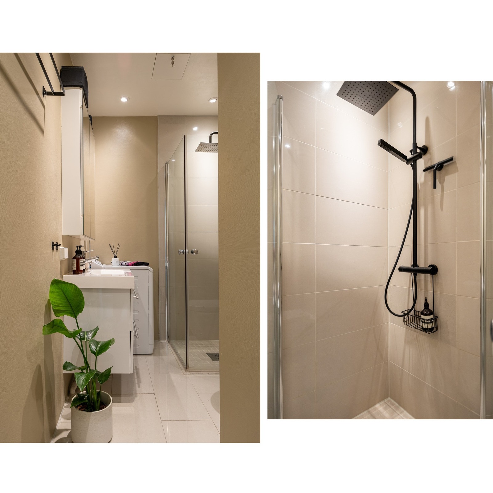 Badet er innredet med vegghengt servantinnredning med skuffer, ovenpåliggende servant med ett-greps armatur, speilskap med overlys, dusjhjørne med dører og vegghengt dusjarmatur (hånddusj og regndusj), samt vegghengt toalett. Galleribilde