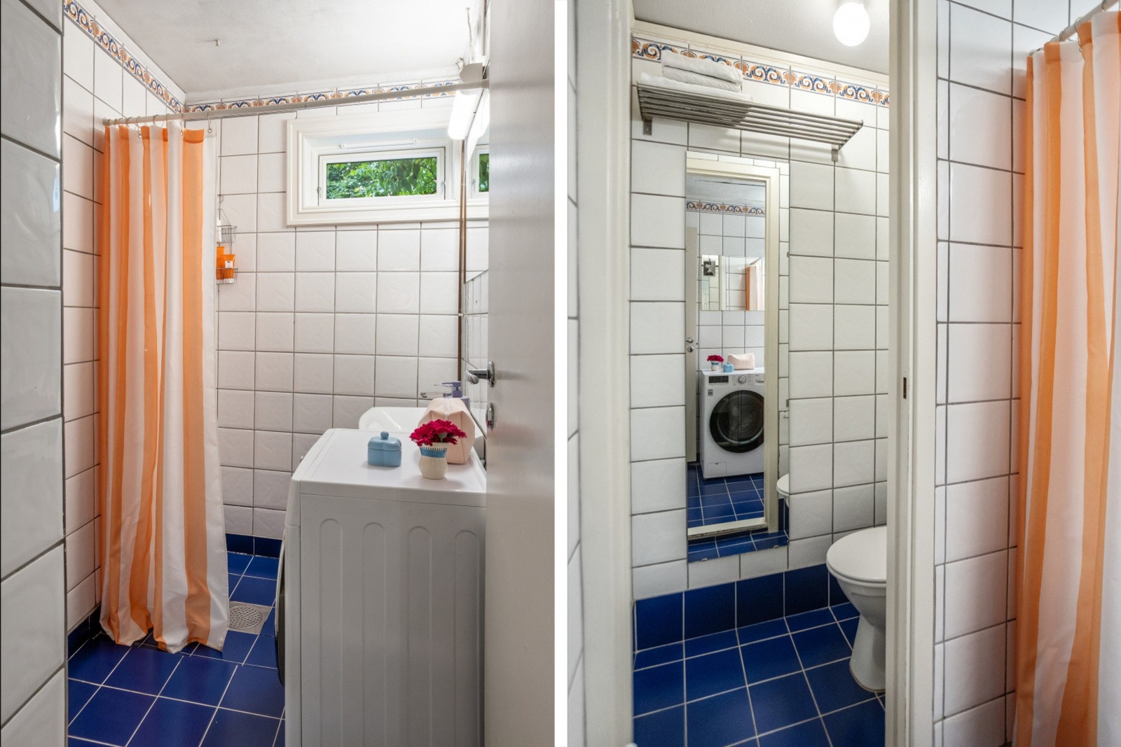 Bad med dusj og opplegg for vaskemaskin. Delvis separat toalett adskilt med en vegg. Denne kan åpnes opp ved oppussing. Galleribilde