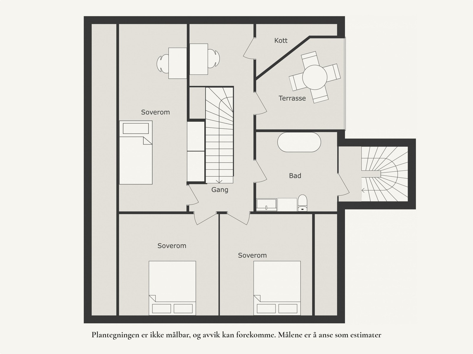 Alternativ planløsning. Nåværende eier slo ned veggen mellom 2 soverom i 2022. Det kan lett tilbakeføres ved å sette opp en vegg. (opprinnelig dør følger med) Galleribilde