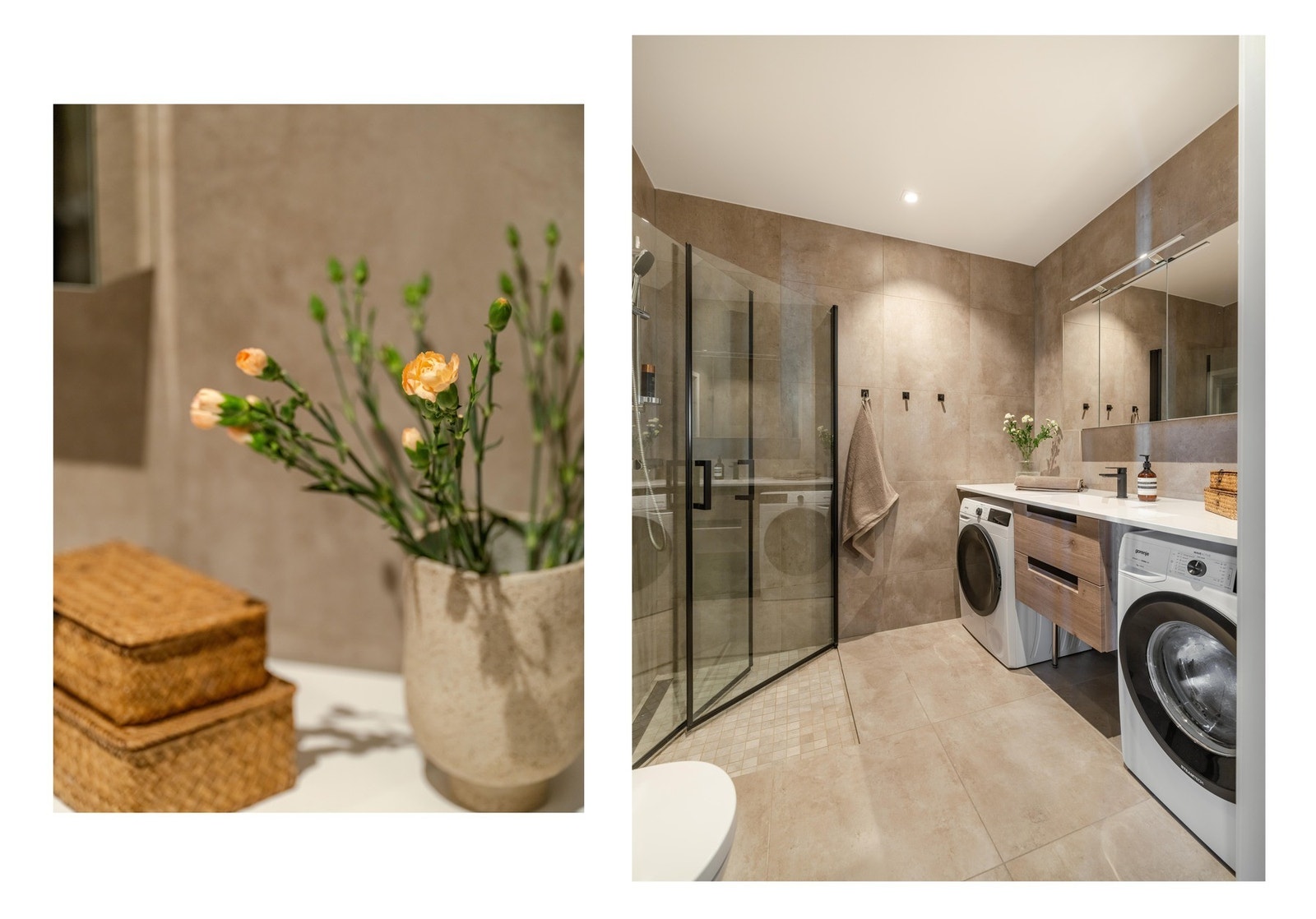 Her er det servantskap med skuffer, dusjhjørne med innfellbare glassdører og vegghengt toalett. Praktisk med plass til vaskemaskin og tørketrommel under benken. Galleribilde