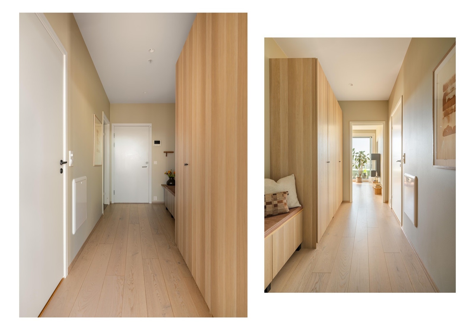 Det gode inntrykket starter allerede når man kommer inn. Det første du ser er lyset i enden av stuen og den herlige utsikten. Entreen har rikelig med oppbevaringsmuligheter i garderobeskap og en praktisk sittebenk. Galleribilde