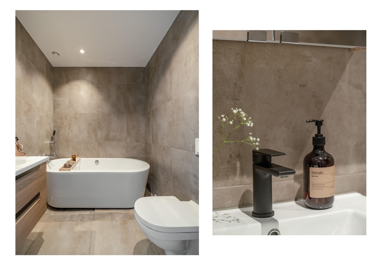 Det er moderne fliser på vegger og gulv, i tillegg til servantskap for god oppbevaring. Galleribilde