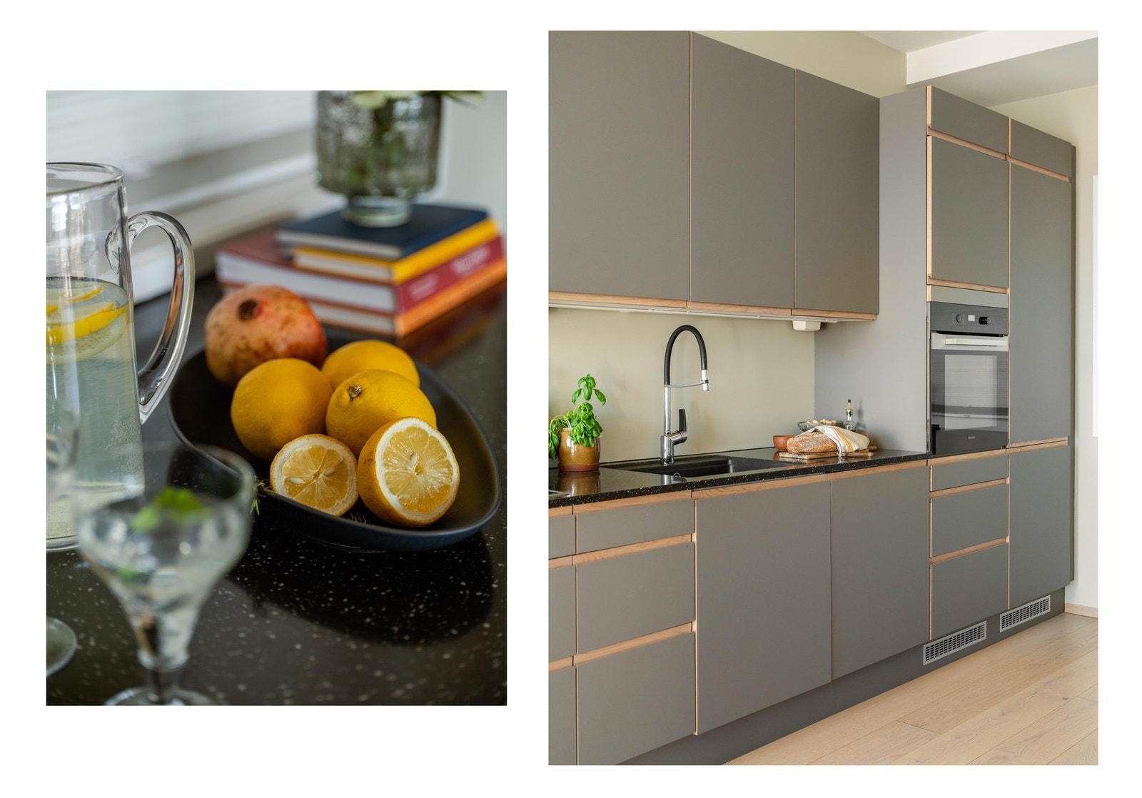 Hvitevarene er forresten integrerte og medfølger salget. Det er rikelig med skapplass i både over- og underskap. Ellers er det godt med benkeplass også. Galleribilde