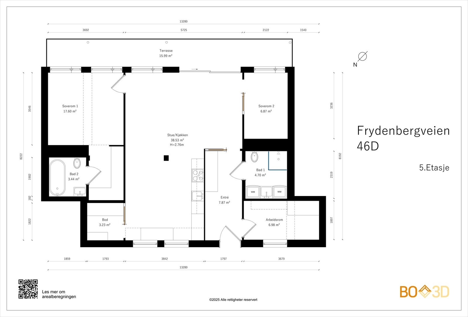Vi kjører på med leilighetens planskisse med én gang slik at du får orientert deg litt. I tillegg til innvendige arealer disponeres det en kjellerbod på 5 m² for ekstra oppbevaring. Galleribilde
