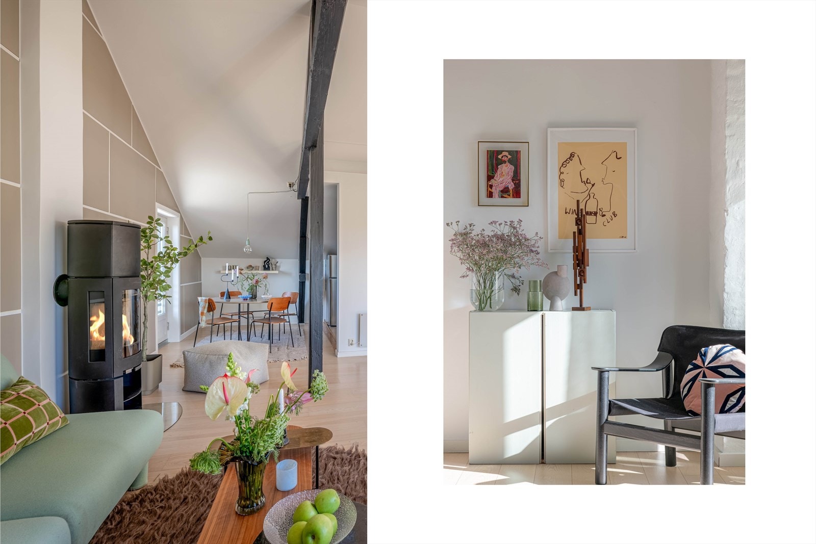 Stuen er innbydende med åpen kjøkkenløsning, peis og bjelker i taket. Galleribilde