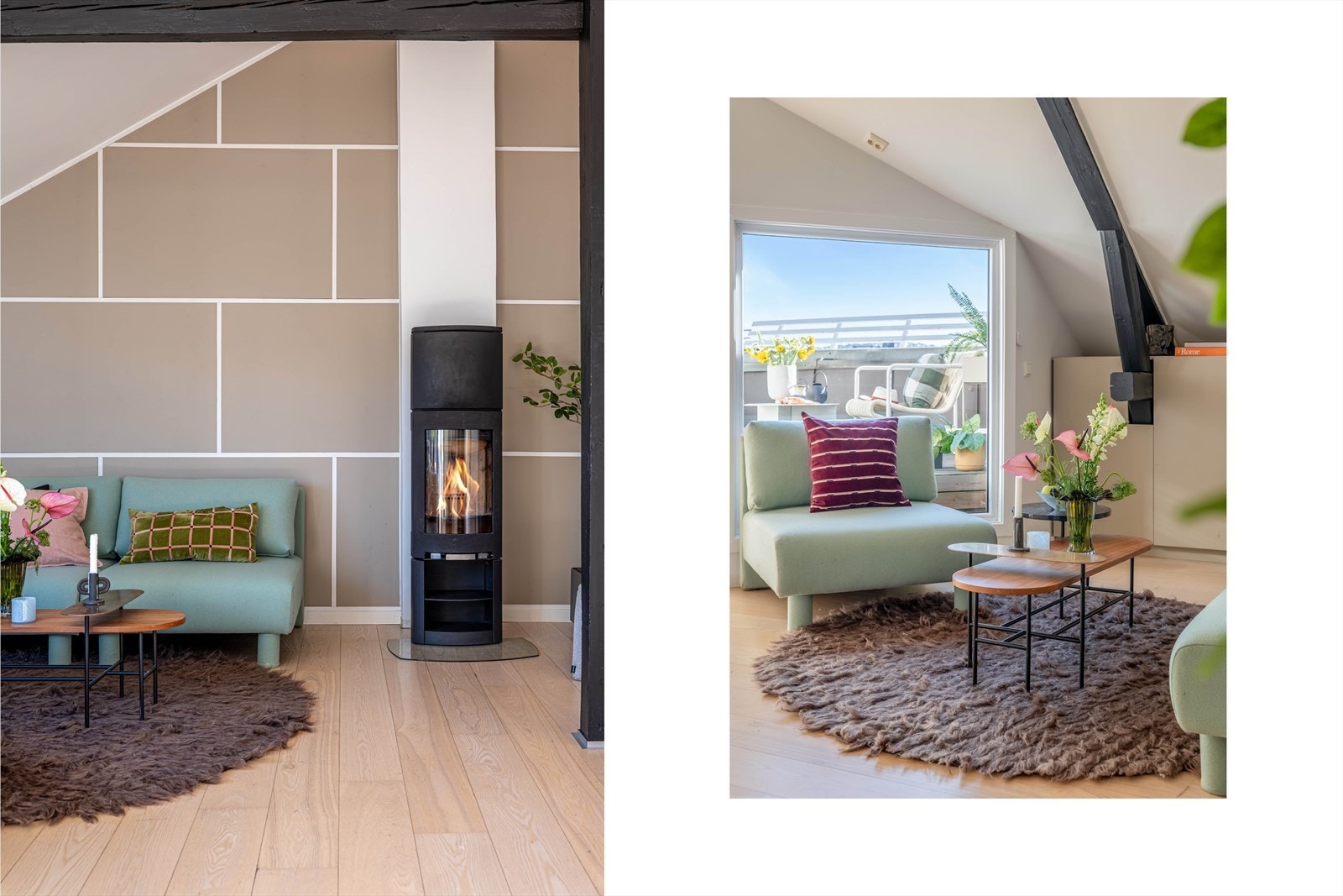 Bjelkene skaper en unik sjarm med det moderne og klassiske i leiligheten. Midt i rommet er det i tillegg montert en peis, som sørger for godt med varme på kjølige vinterdager. Galleribilde