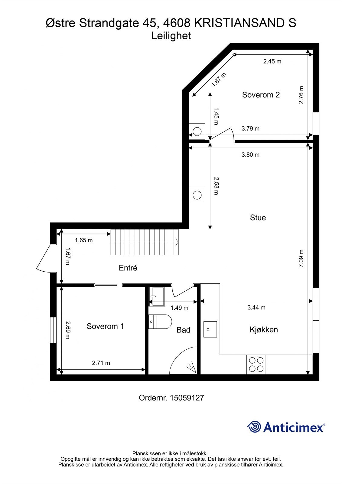 3.Etasje - 2D plantegning med mål - Hems ligger over soverom 1, bad og entrè Galleribilde
