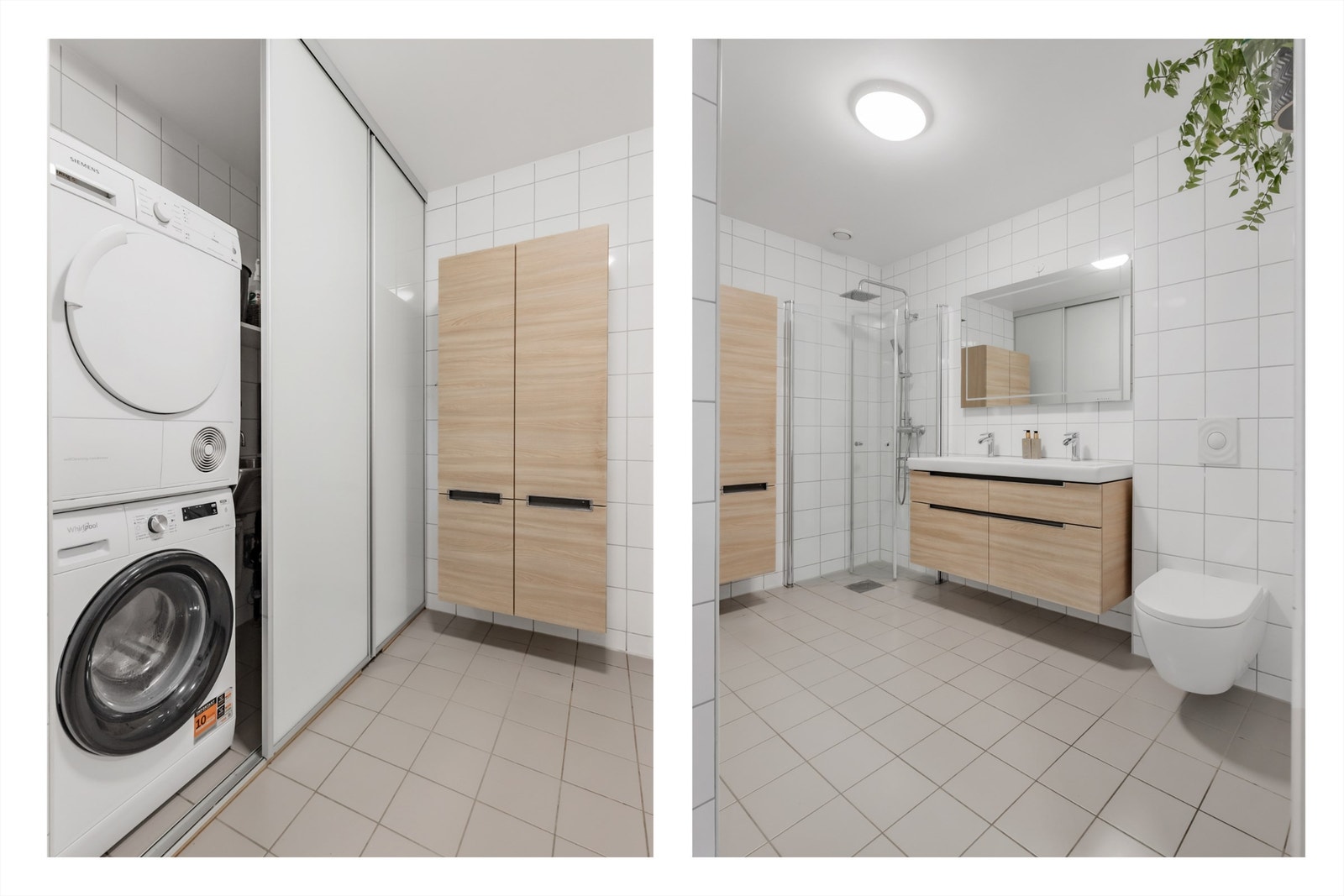 Det er også både plass og opplegg for vaskemaskin og tørketrommel bak skyvedørsgarderoben. Galleribilde